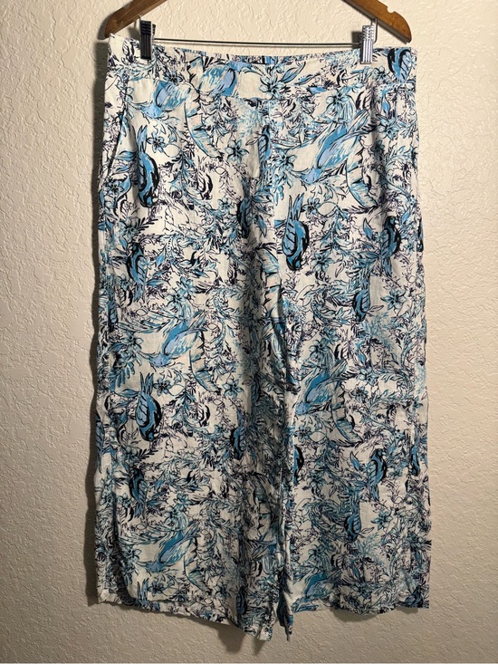 Tahari Pants - Tahari Linen White and Blue Bird and Floral Wide-Leg Pants